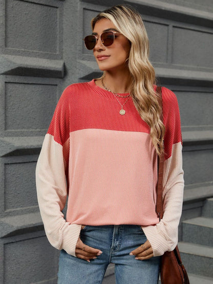 Contrast Round Neck Long Sleeve Top