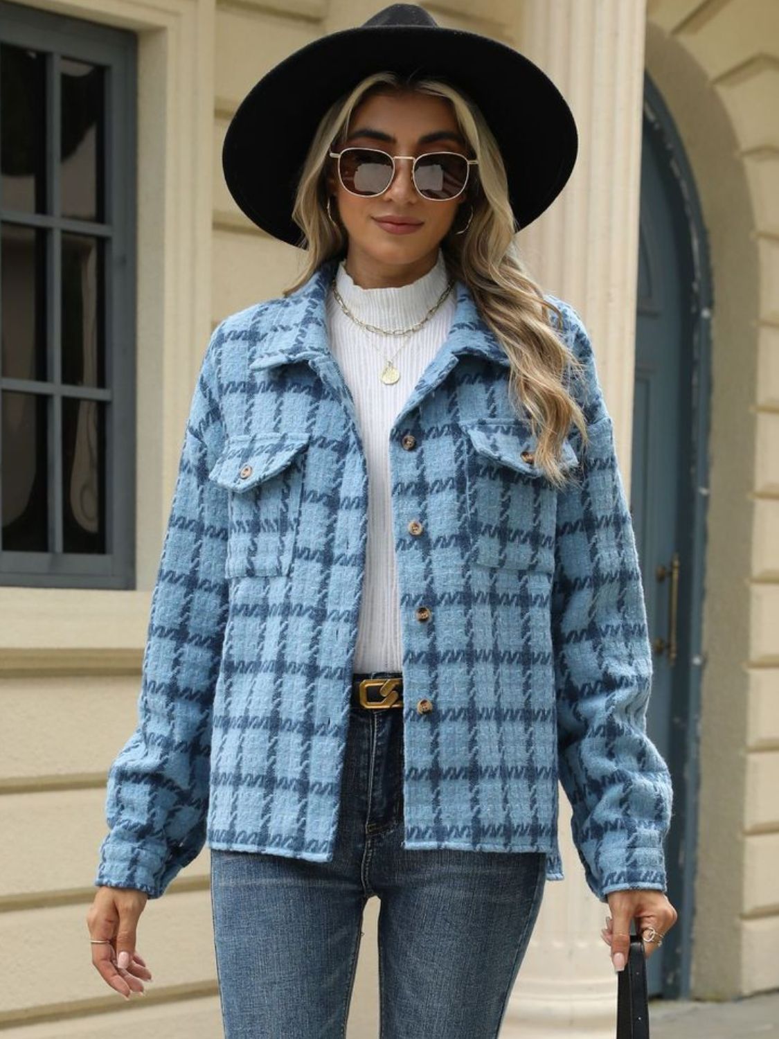 Plaid Collared Neck Long Sleeve Jacket