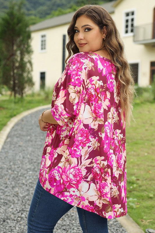 Floral Print Short Sleeve Plus Size Blouse