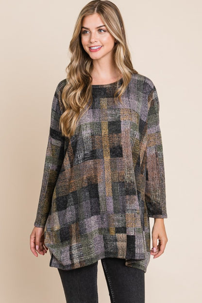 Plaid Round Neck Long Sleeve Top