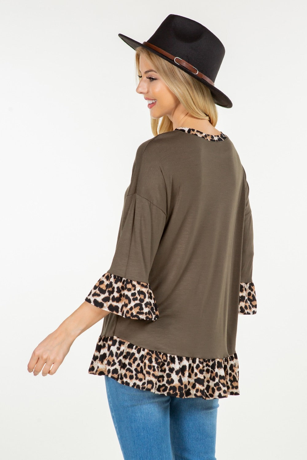 Full Size Flounce Sleeve Leopard Trim Top