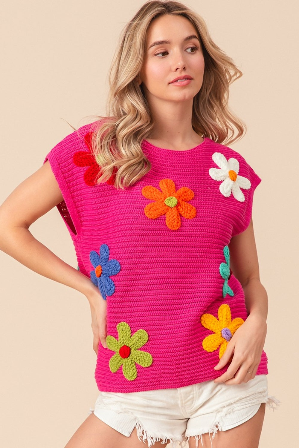 Flower Round Neck Cap Sleeve Knit Top