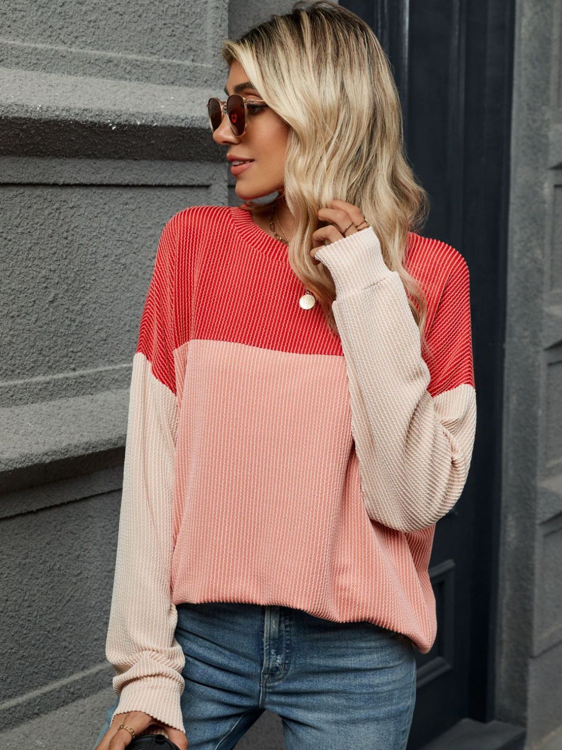 Contrast Round Neck Long Sleeve Top