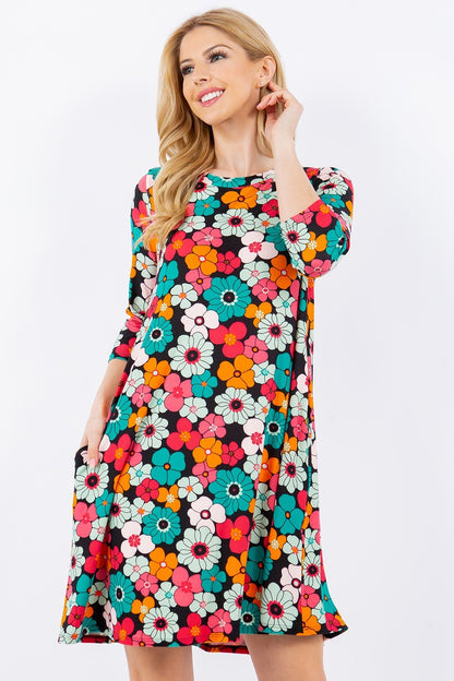 Full Size Floral Three-Quarter Sleeve Dress with Pockets