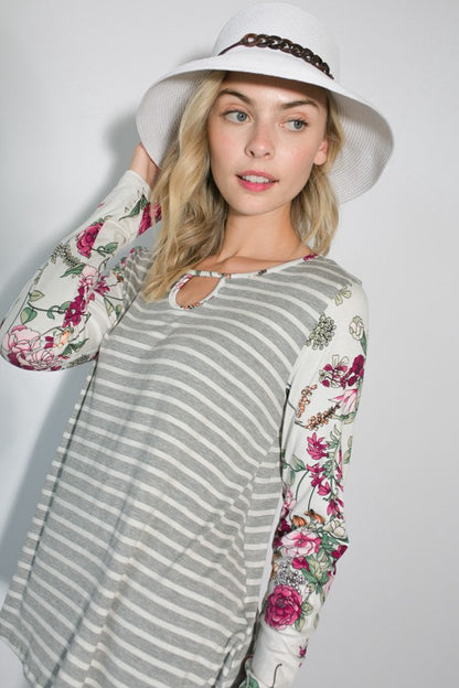 Stripe Floral Mixed Key Hole Round Neck Tunic Top