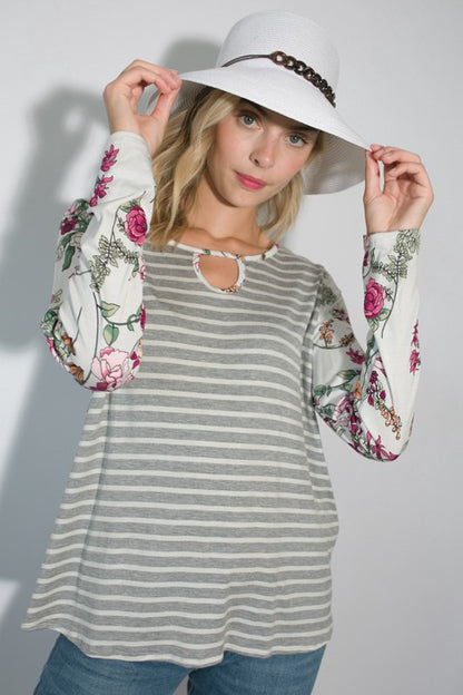 Stripe Floral Mixed Key Hole Round Neck Tunic Top