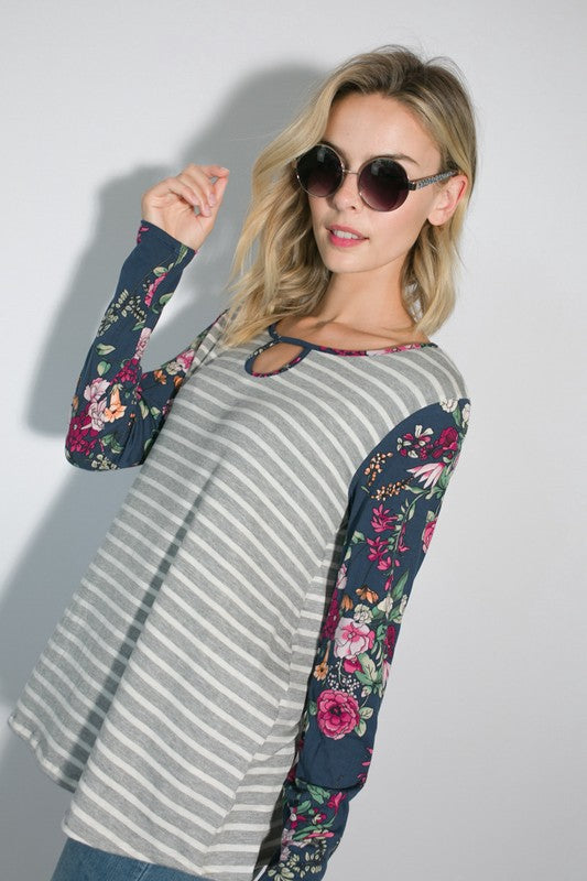 Stripe Floral Mixed Key Hole Round Neck Tunic Top