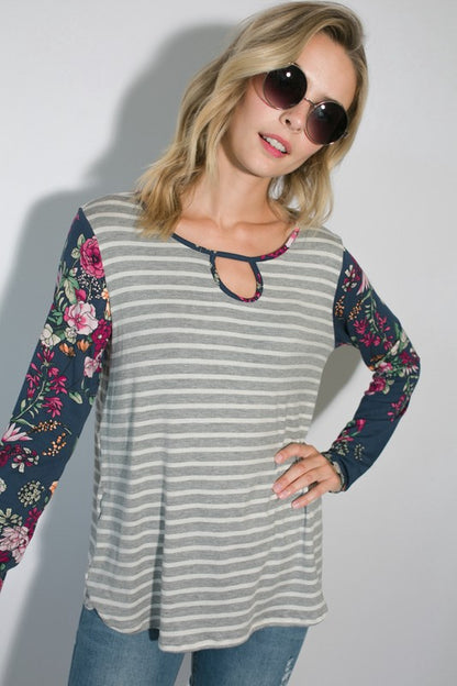 Stripe Floral Mixed Key Hole Round Neck Tunic Top