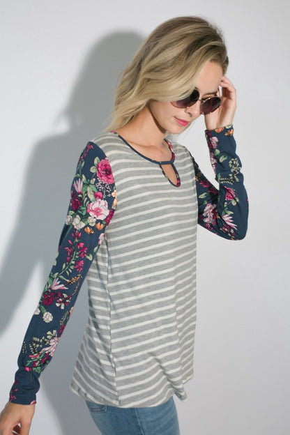 Stripe Floral Mixed Key Hole Round Neck Tunic Top