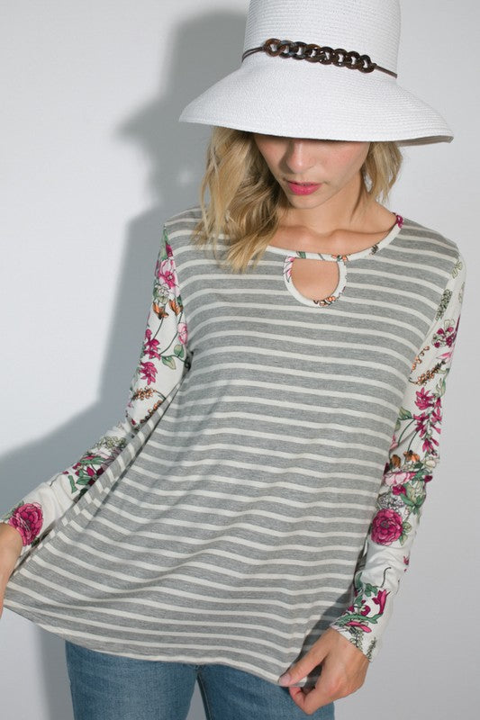 Stripe Floral Mixed Key Hole Round Neck Tunic Top