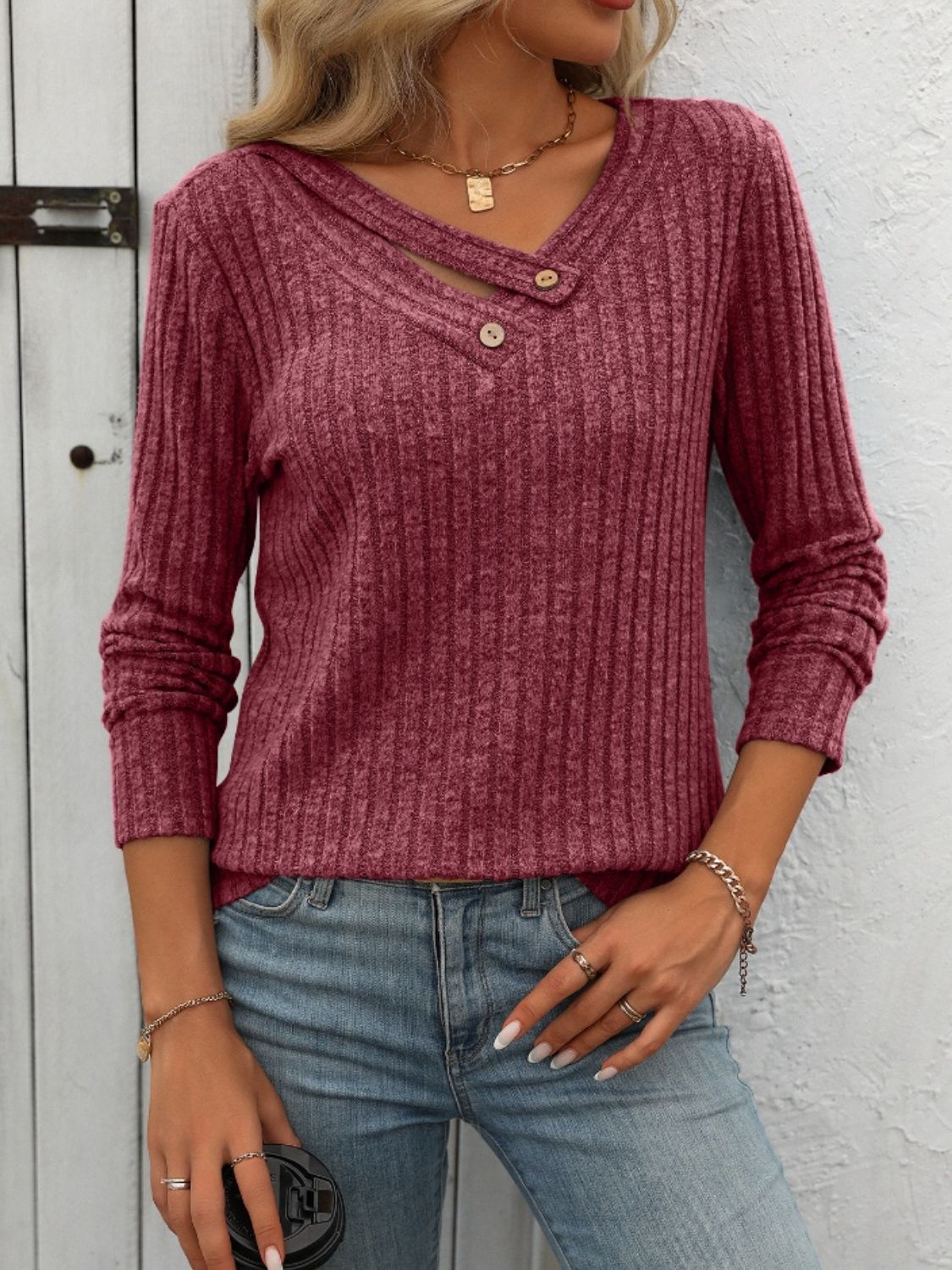 Ribbed V-Neck Long Sleeve Top