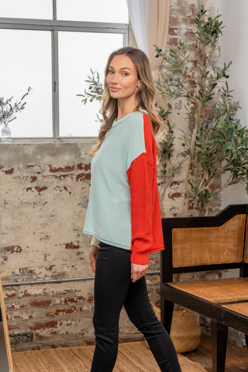 Full Size Color Block Drop Shoulder Sweater