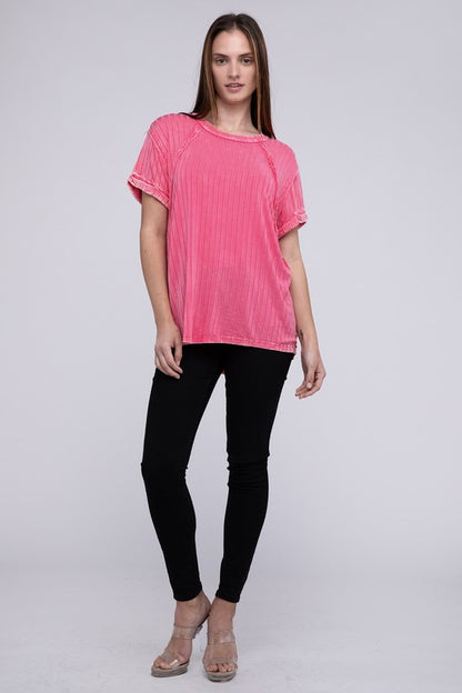 Ribbed Raglan Dolman Sleeve Boat-Neck Top