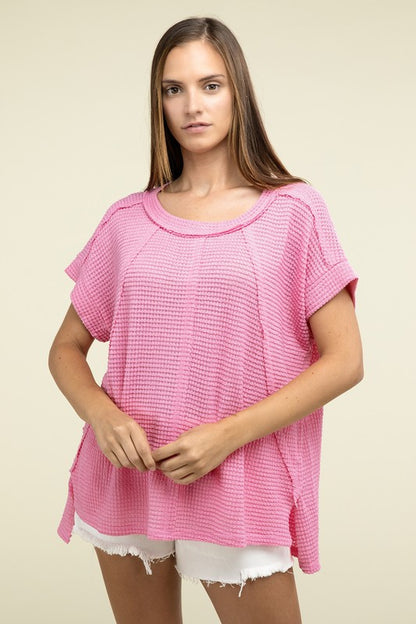 Brushed Waffle Exposed-Seam Short Sleeve Top