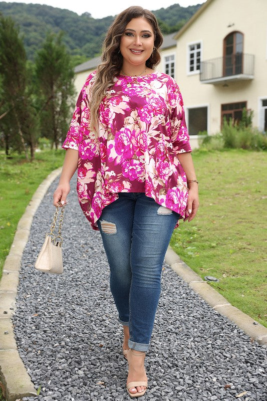 Floral Print Short Sleeve Plus Size Blouse