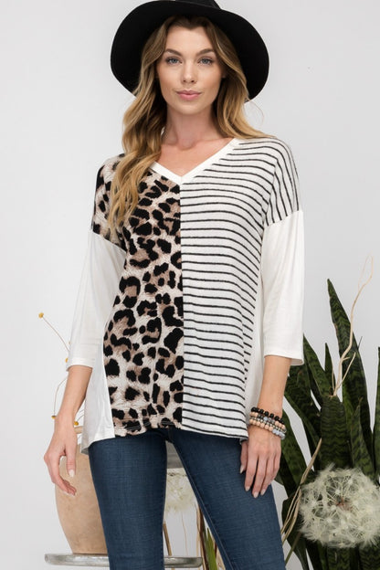 Full Size Front Leopard and Striped Print V-Neck Top