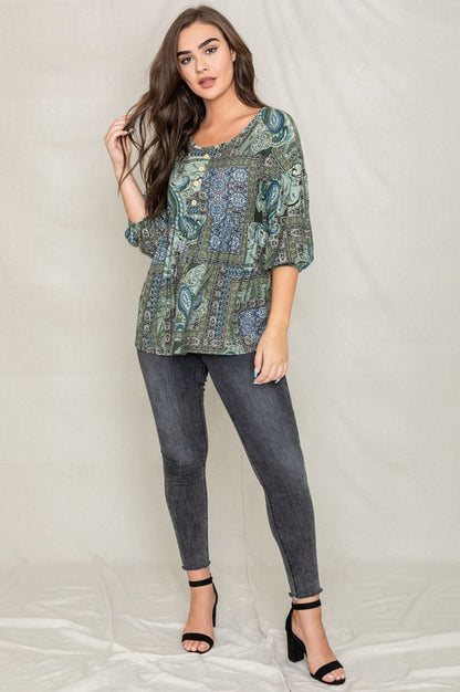 Button Accent Paisley Top