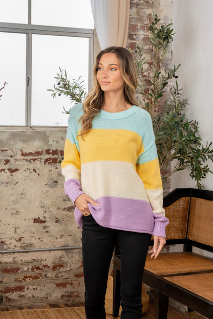 Full Size Color Block Exposed Seam Sweater