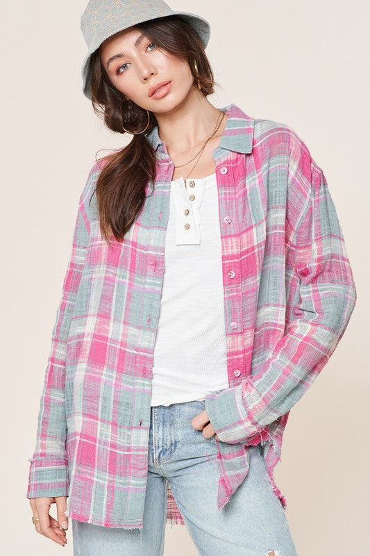 Peony Plaid Button-Up Top