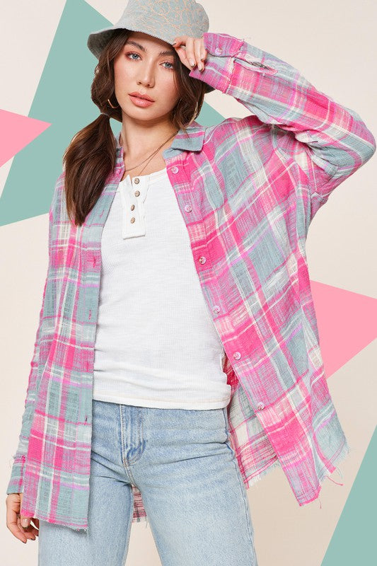 Peony Plaid Button-Up Top