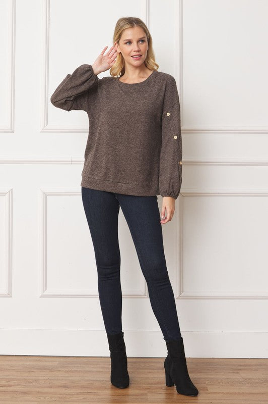 Drop Shoulder Button Sleeve Detail Top