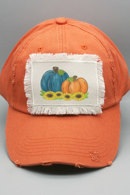 Fall Blue Orange Sunflower Pumpkins Patch Hat