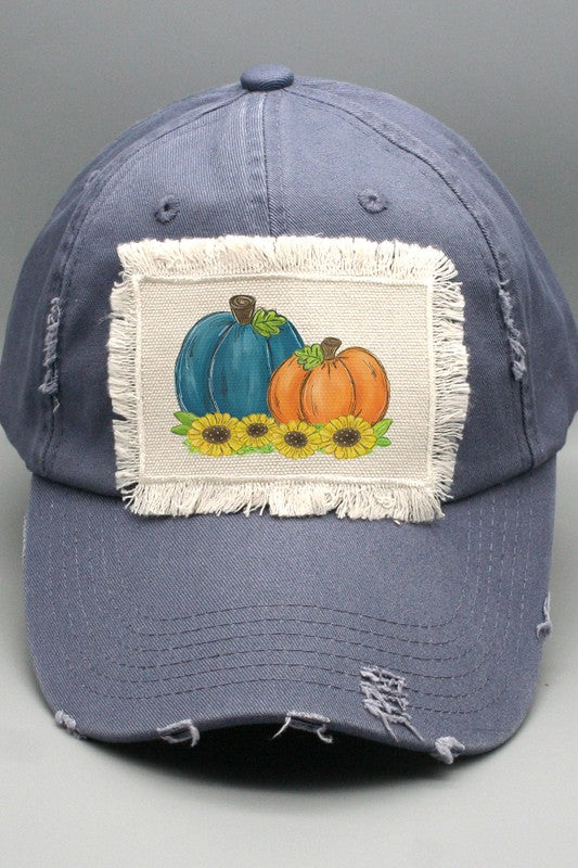 Fall Blue Orange Sunflower Pumpkins Patch Hat