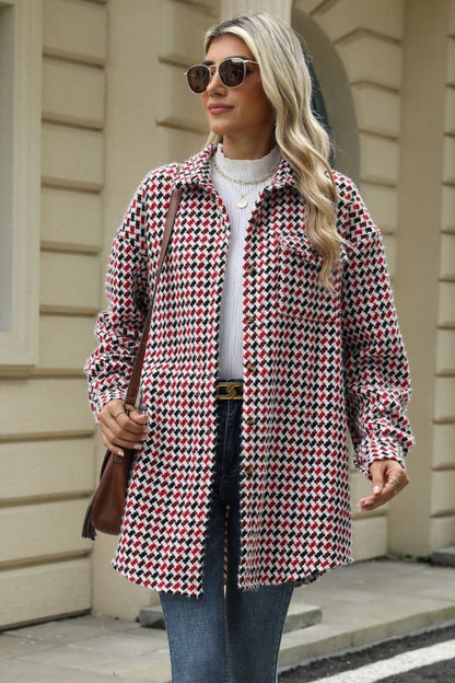 Houndstooth Button Up Dropped Shoulder Coat