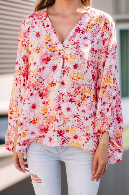 Floral Print V-Neck Lantern Sleeve Blouse