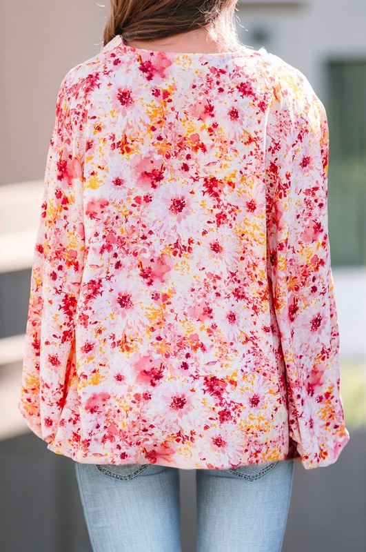 Floral Print V-Neck Lantern Sleeve Blouse