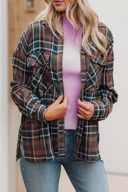 Plaid Print Chest Pockets Buttoned Shacket