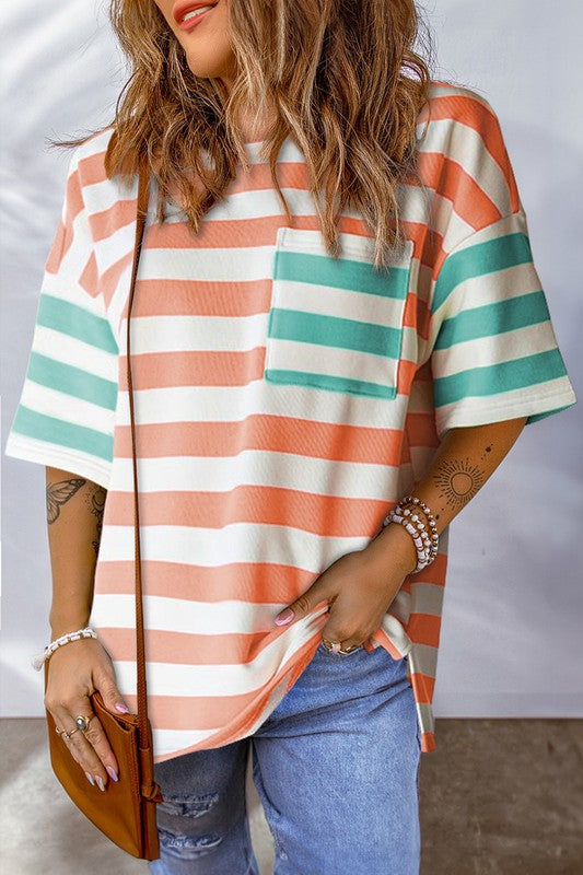 Stripe Contrast Patch Drop Sleeve Top