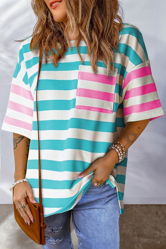 Stripe Contrast Patch Drop Sleeve Top