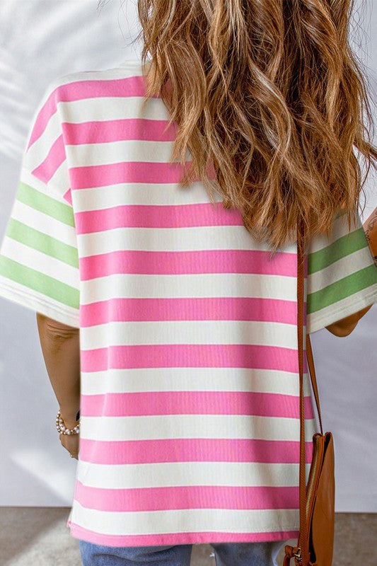 Stripe Contrast Patch Drop Sleeve Top