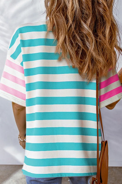 Stripe Contrast Patch Drop Sleeve Top