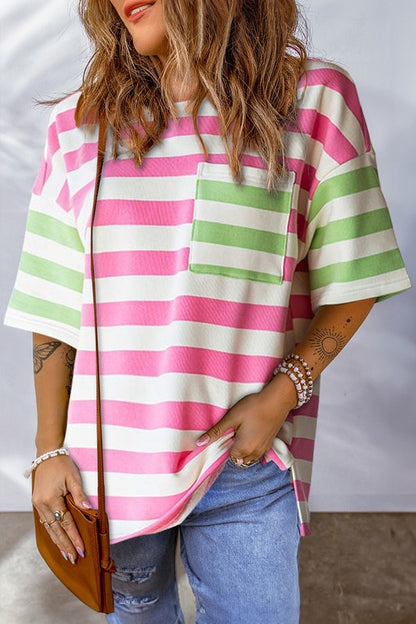 Stripe Contrast Patch Drop Sleeve Top