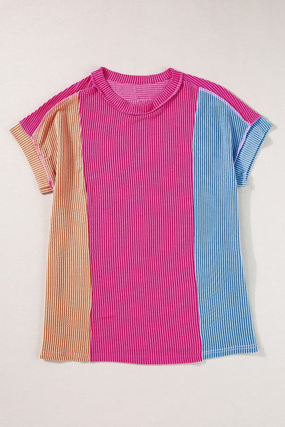 Rose Red Textured Colorblock Crew Neck Top