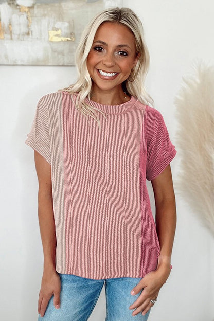 Rose Red Textured Colorblock Crew Neck Top