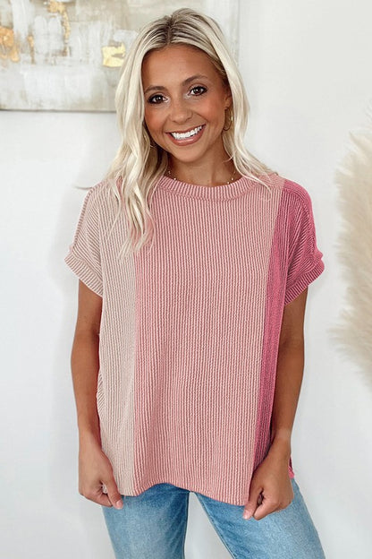 Rose Red Textured Colorblock Crew Neck Top