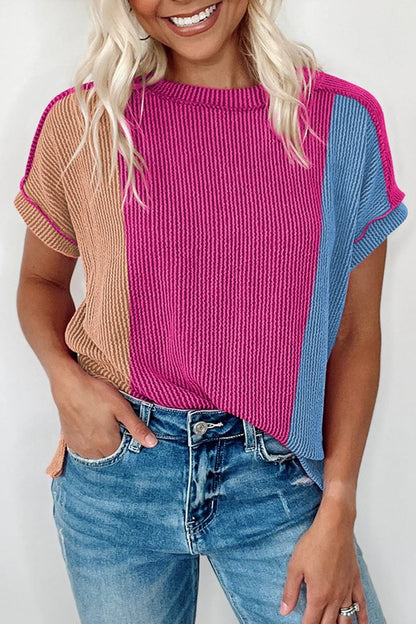 Rose Red Textured Colorblock Crew Neck Top