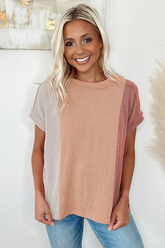 Rose Red Textured Colorblock Crew Neck Top