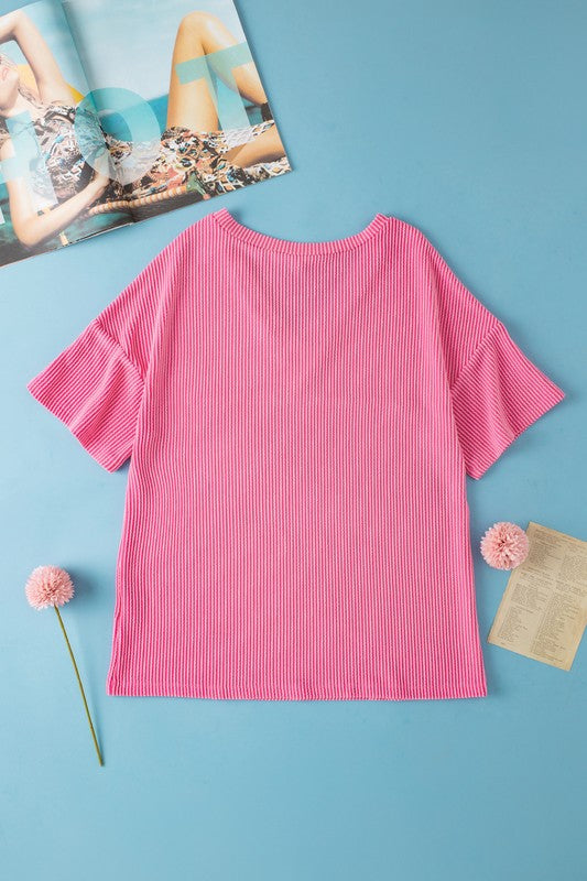 Rose Color Block Patch Pocket Corded V-Neck Top