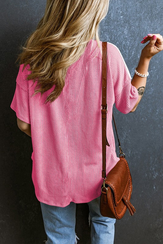 Rose Color Block Patch Pocket Corded V-Neck Top