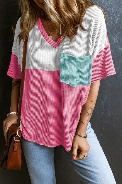 Rose Color Block Patch Pocket Corded V-Neck Top