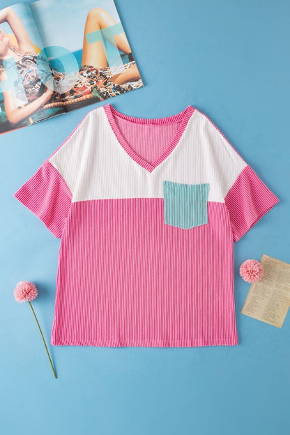 Rose Color Block Patch Pocket Corded V-Neck Top