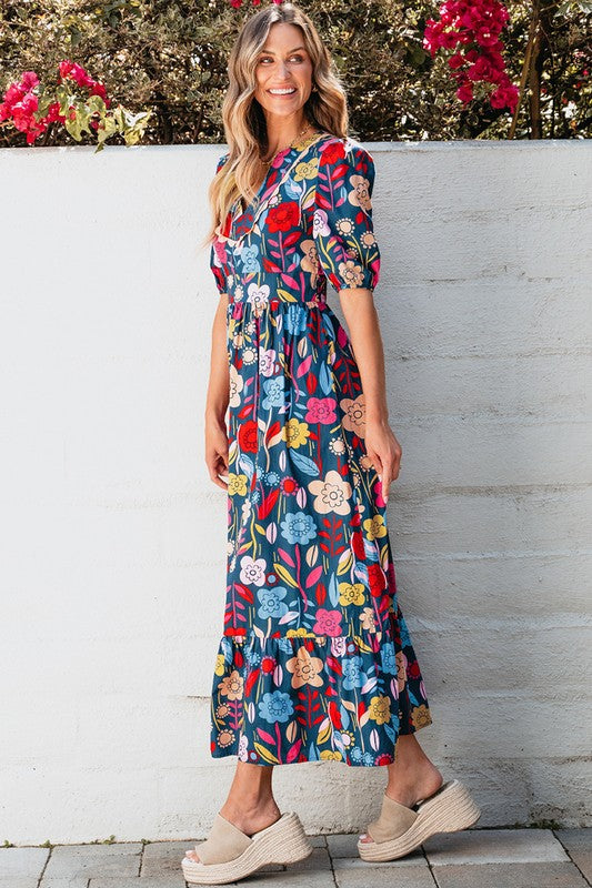 Retro Floral Printed Split Neck Maxi Dress