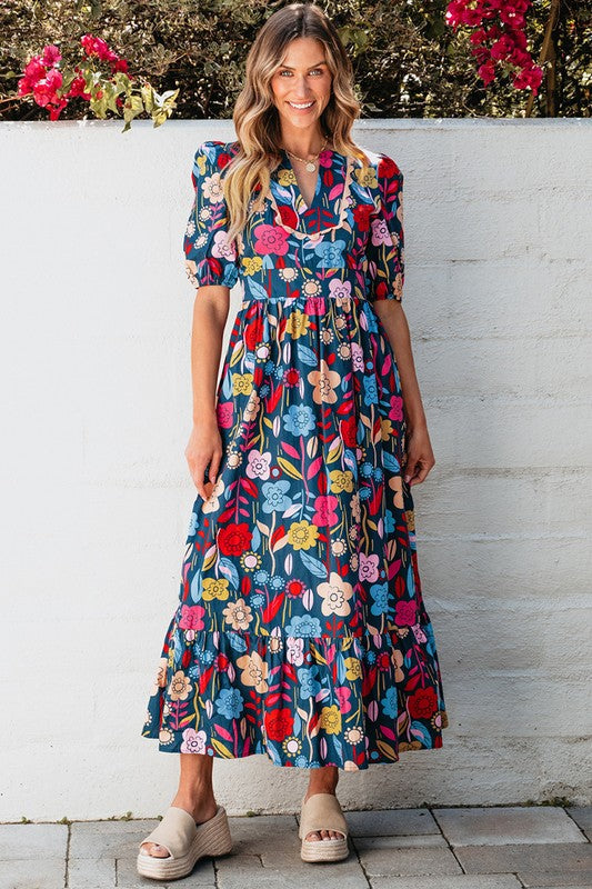 Retro Floral Printed Split Neck Maxi Dress