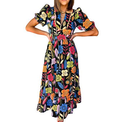 Retro Floral Printed Split Neck Maxi Dress