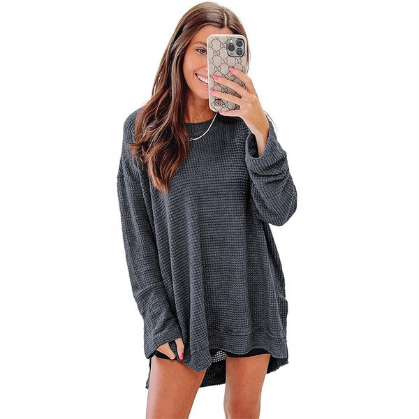 Waffle Knit High Slits Oversized Top