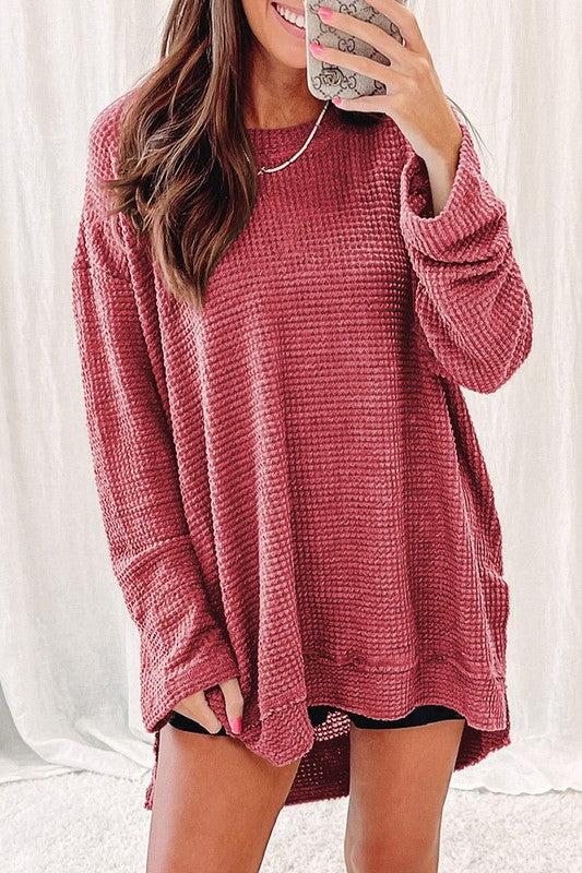 Waffle Knit High Slits Oversized Top